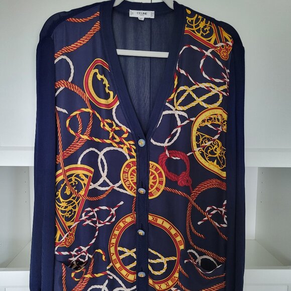 CELINE Vintage NavyPrint Viscose Silk V-Neck Button Up...